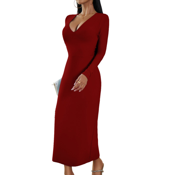 Women's Sexy V-Neck Hip Cover Long Sleeve Dress