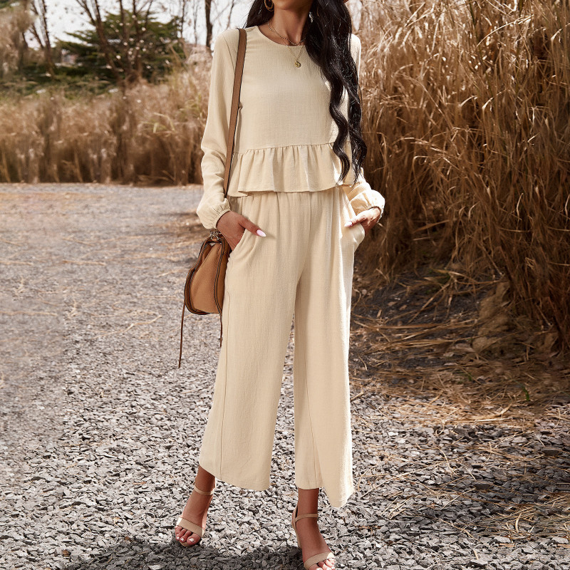 Women's Casual Solid Color Long Sleeve Top + Loose Pants Suit