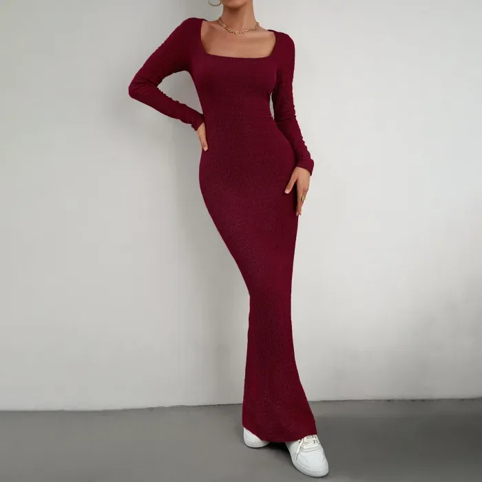 Women's Sexy Slim Fit Square Neck Long Sleeve Knitted Dress