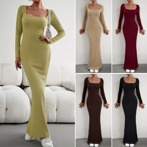 Women's Sexy Slim Fit Square Neck Long Sleeve Knitted Dress