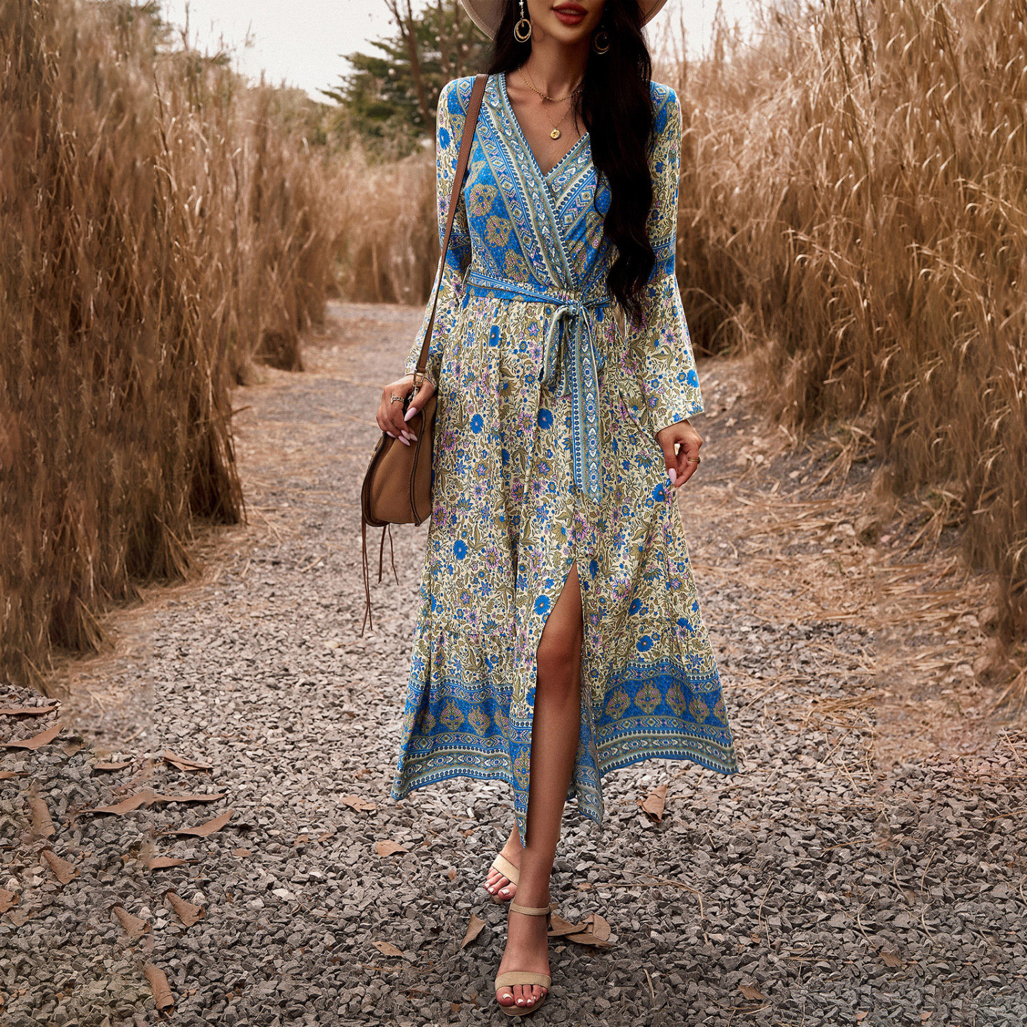 Printed V-Neck Flounce Sleeve Midi Dress | Casual polyester A-Line Dress