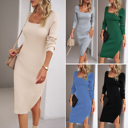 Elegant Solid Color Square Neck Knitted Sweater Dress
