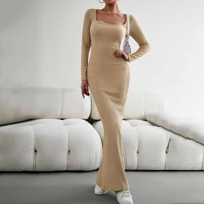 Women's Sexy Slim Fit Square Neck Long Sleeve Knitted Dress