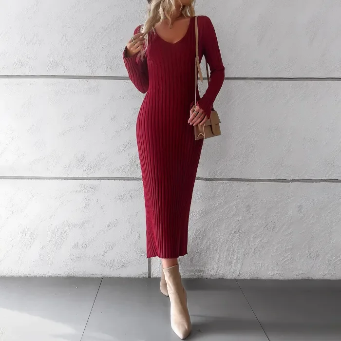 Women's Elegant Solid Color V-Neck Long Sleeve Sweater Dress