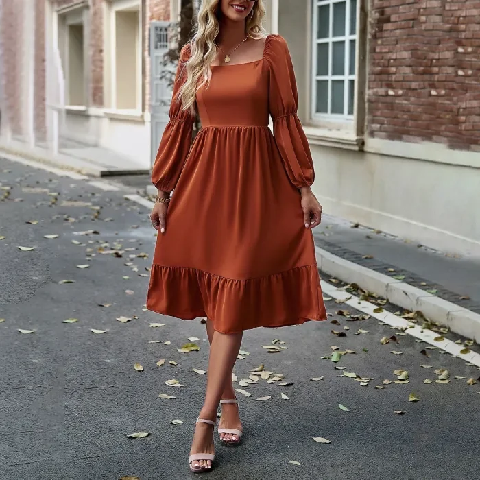 Women's Solid Color Square Neck Long Sleeve Dress