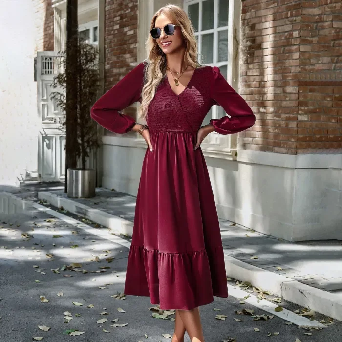 Women's V Neck Solid Color Dress