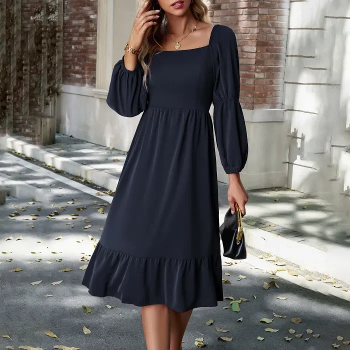Women's Solid Color Square Neck Long Sleeve Dress