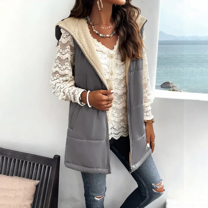 Women's Loose Medium-Length Hooded Cotton Vest