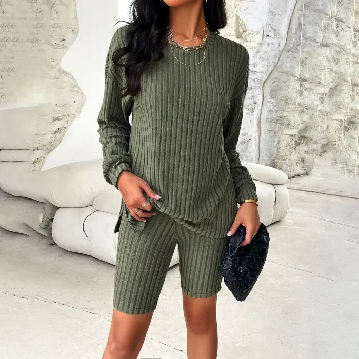 Women's Casual Long Sleeve Top + Three-quarter Pants Set