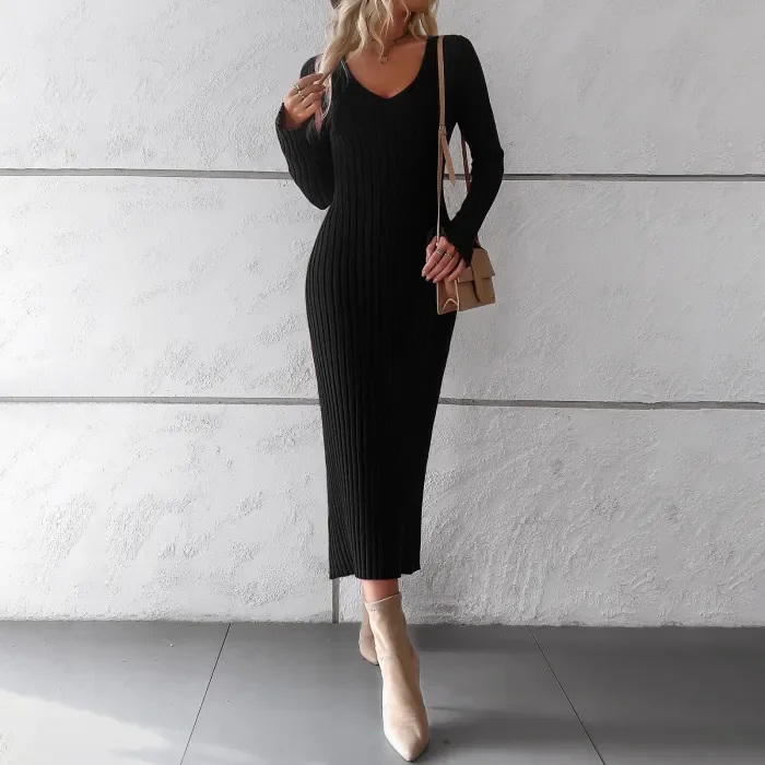 Women's Elegant Solid Color V-Neck Long Sleeve Sweater Dress