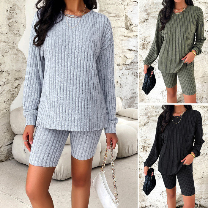 Women's Casual Long Sleeve Top + Three-quarter Pants Set