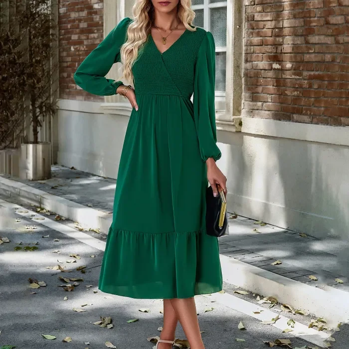 Women's V Neck Solid Color Dress