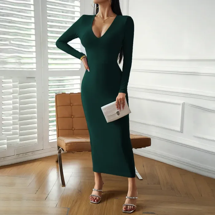 Women's Sexy V-Neck Hip Cover Long Sleeve Dress