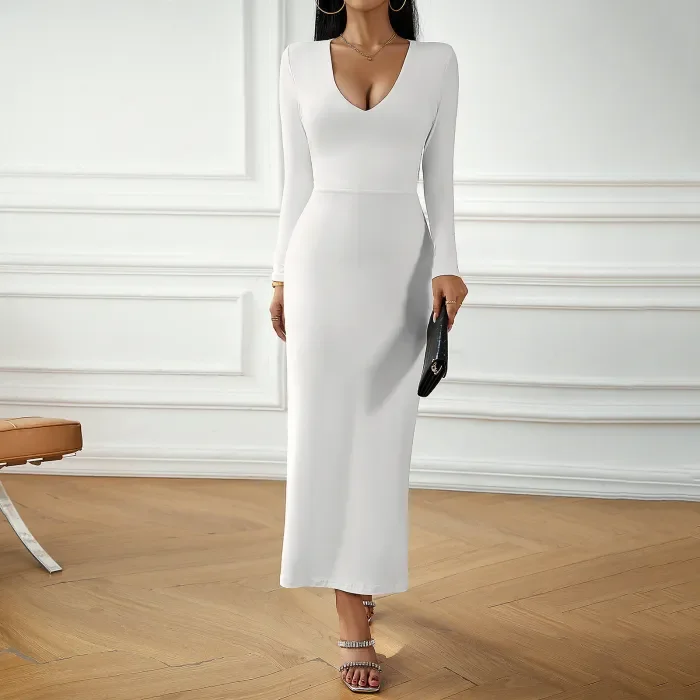 Women's Sexy V-Neck Hip Cover Long Sleeve Dress
