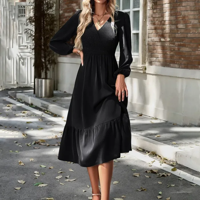 Women's V Neck Solid Color Dress