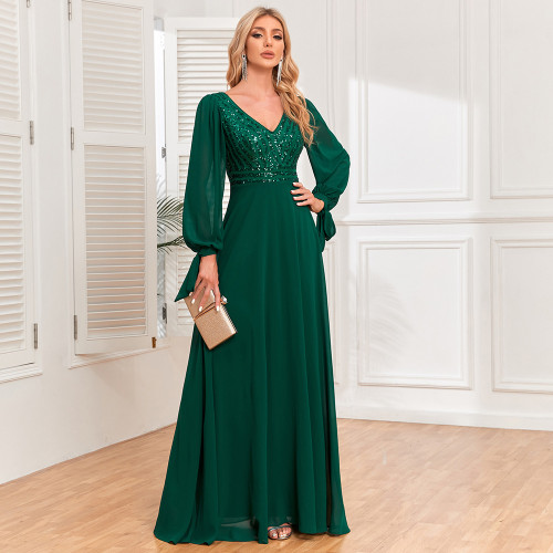 Women's Chiffon V Neck Sequin Long Sleeve Lace Up Evening Gown