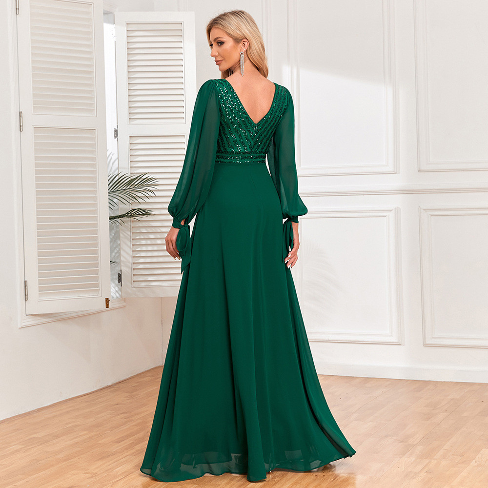 O-Neck Chiffon Evening Dress Long-sleeve Party Gown Sequin Women's Formal Occasion Dress