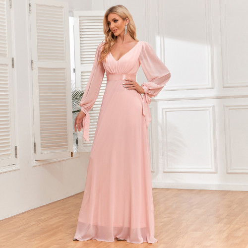 Women's Pink Chiffon Lace-Up Long Sleeve V-Neck Evening Gown