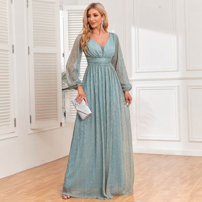 New Women's Long Sleeve V-Neck Elegant Evening Dress