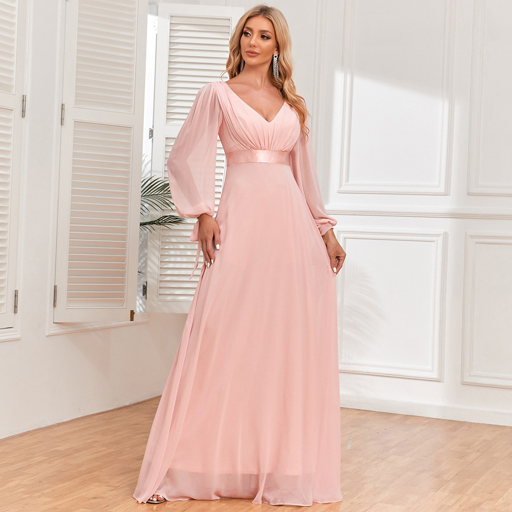 Ginger Shimmer Pink Ruffle V-Neck Long Sleeve Maxi Dress - Elegant Evening Gown