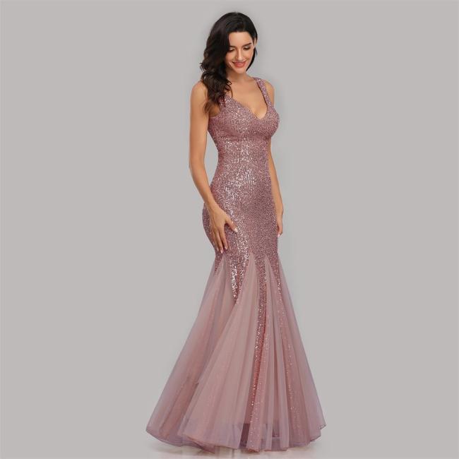 Women's Sequin Spliced Mesh V-Neck Sleeveless Evening Gown