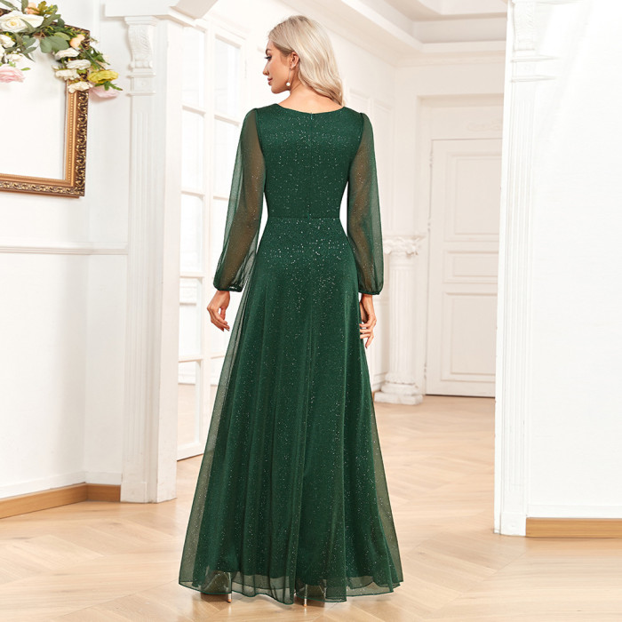 New Women's Elegant V-Neck Sequined Chiffon Evening Gown