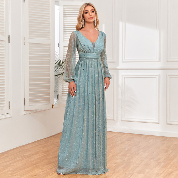 New Women's Long Sleeve V-Neck Elegant Evening Dress