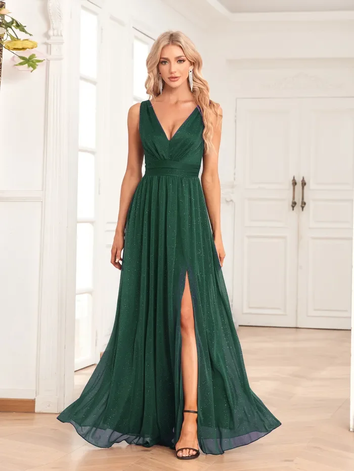 New Chiffon Sleeve V-Neck Party Side Slit Dress