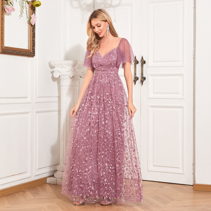 New Elegant Short Sleeve V-Neck Embroidered Mesh Dress