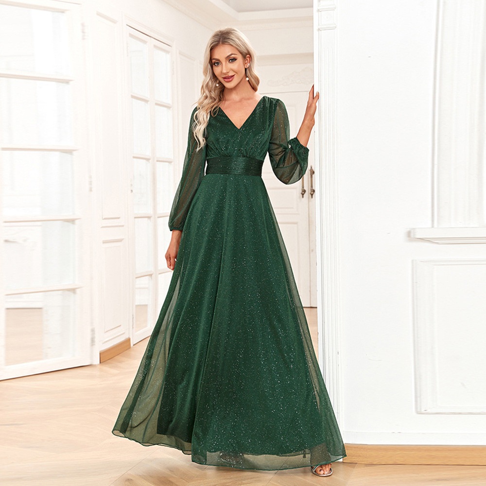 Ruched Lace Chiffon Formal Evening Dress Elegant V Neck Beading Party Gown