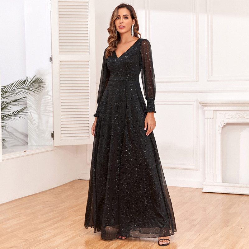 Women's New Stitched V-Neck High Slit Evening Dress