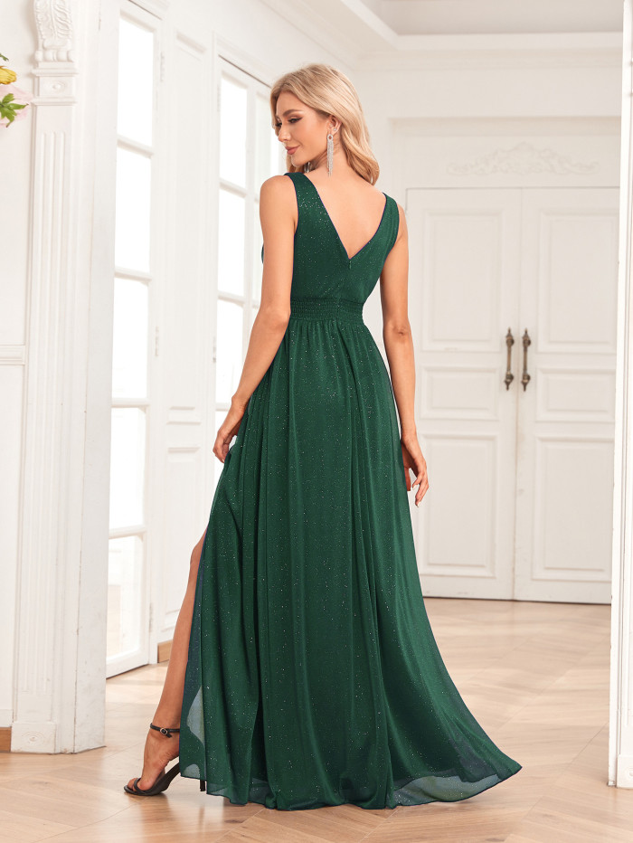 V Neck Over Knee Side Slit Print Dress main image 0