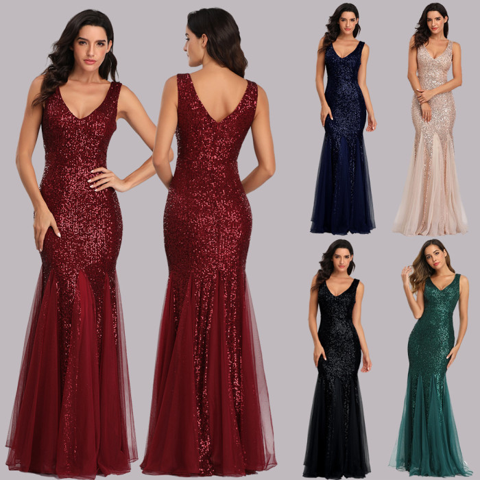 Women's Sequin Spliced Mesh V-Neck Sleeveless Evening Gown