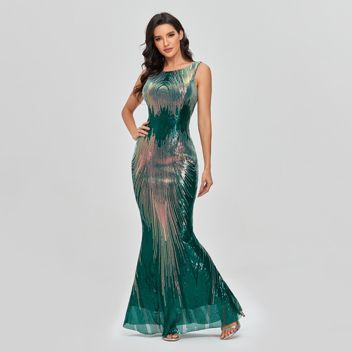 Women's Sexy Sequined Round Neck Sleeveless Mermaid Evening Gown