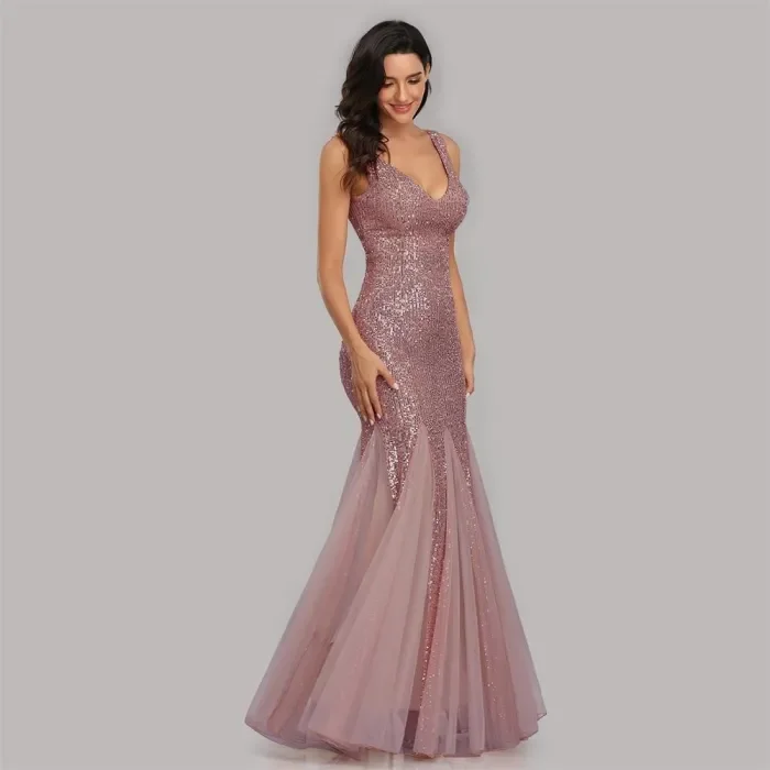 Women's Sequin Spliced Mesh V-Neck Sleeveless Evening Gown