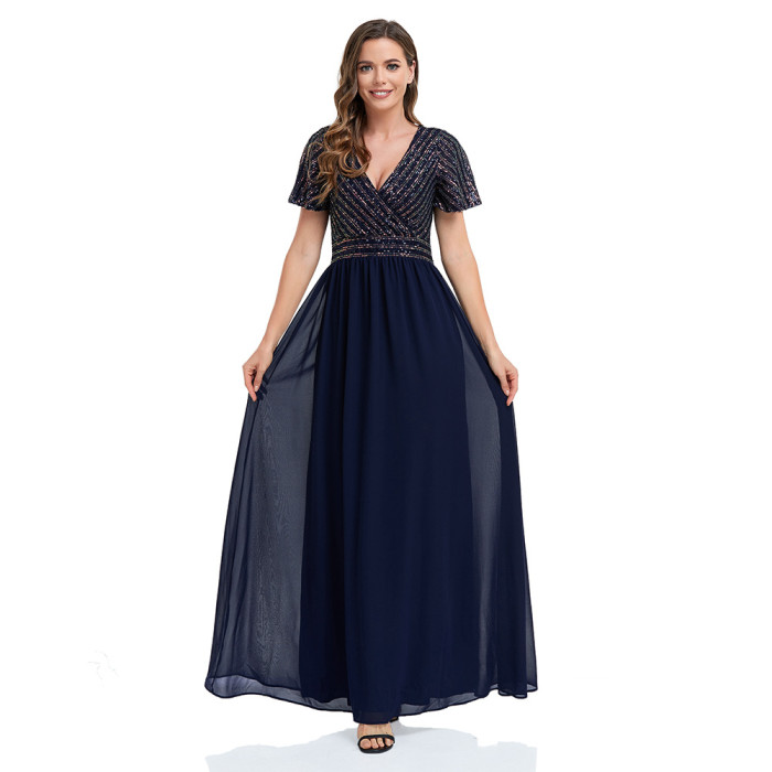 Women's Plus Size Evening Gown V Neck Sequin Splicing Chiffon Dress
