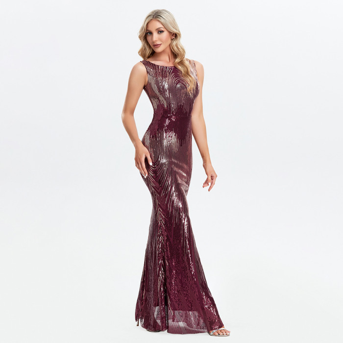 Women's Sexy Sequined Round Neck Sleeveless Mermaid Evening Gown