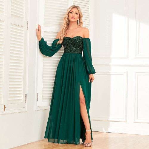 Women's Elegant One Shoulder Slit Lace Up Chiffon Long Sleeve Dress