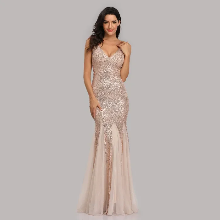 Women's Sequin Spliced Mesh V-Neck Sleeveless Evening Gown