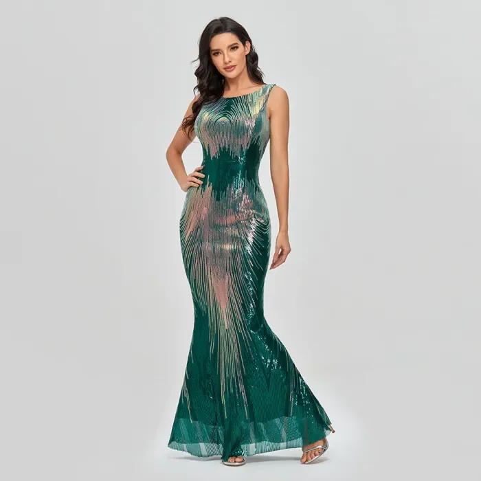 Women's Sexy Sequined Round Neck Sleeveless Mermaid Evening Gown