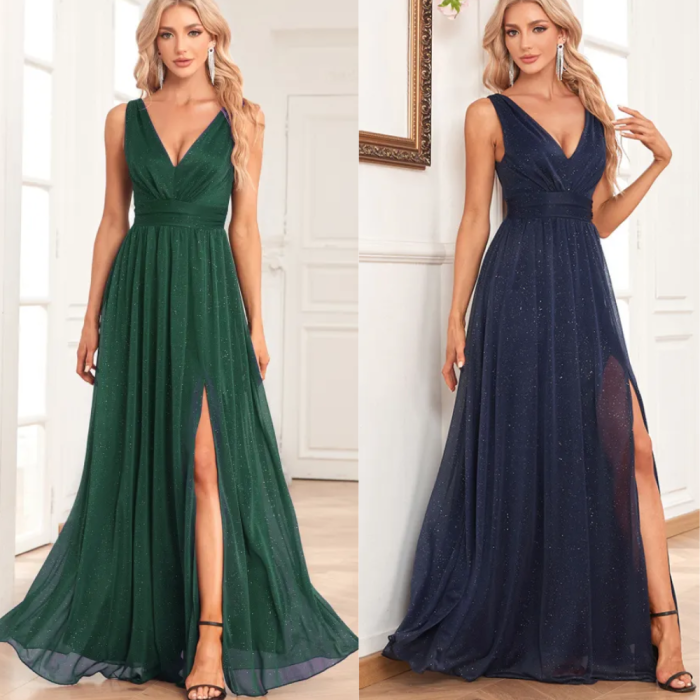 New Chiffon Sleeve V-Neck Party Side Slit Dress