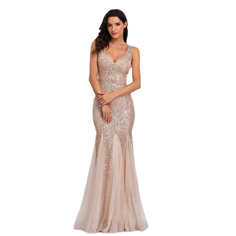 Women's Sequin Spliced Mesh V-Neck Sleeveless Evening Gown