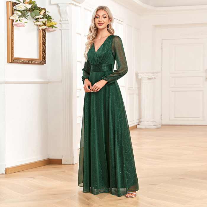 New Women's Elegant V-Neck Sequined Chiffon Evening Gown