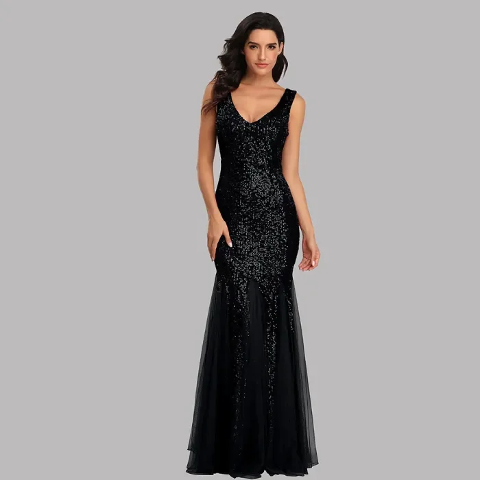 Women's Sequin Spliced Mesh V-Neck Sleeveless Evening Gown