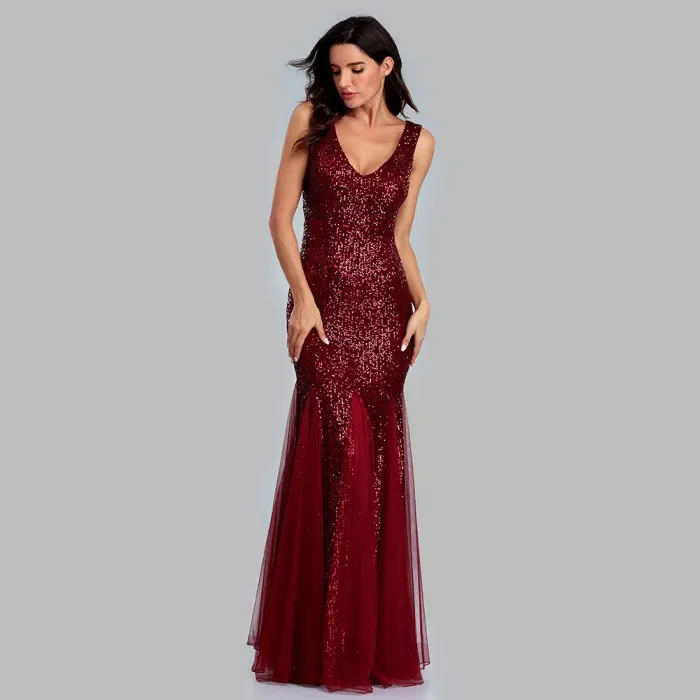 Women's Sequin Spliced Mesh V-Neck Sleeveless Evening Gown
