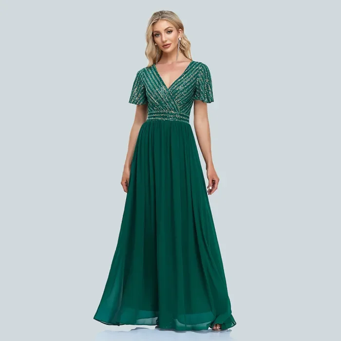 Women's Plus Size Evening Gown V Neck Sequin Splicing Chiffon Dress