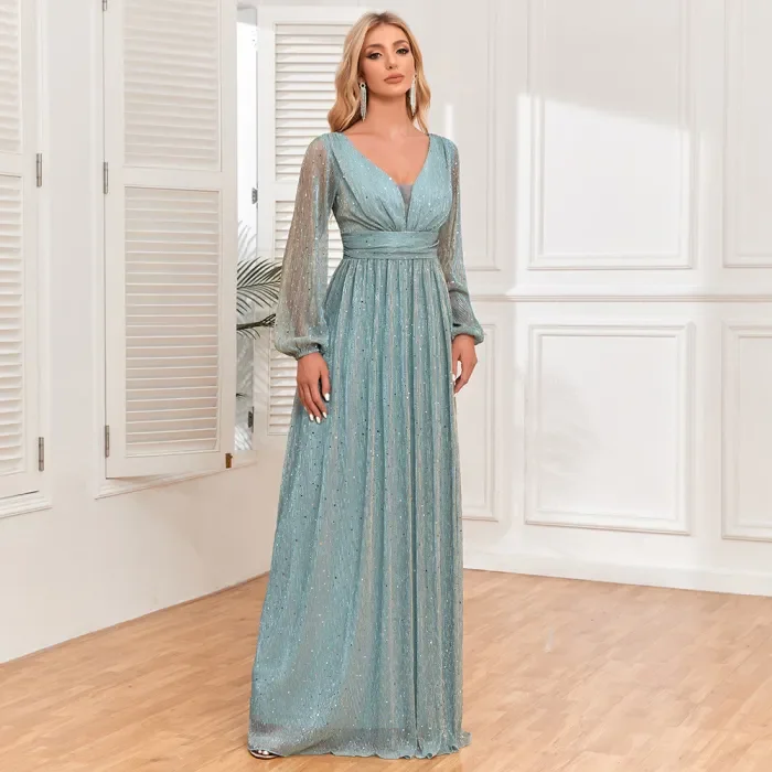 New Women's Long Sleeve V-Neck Elegant Evening Dress
