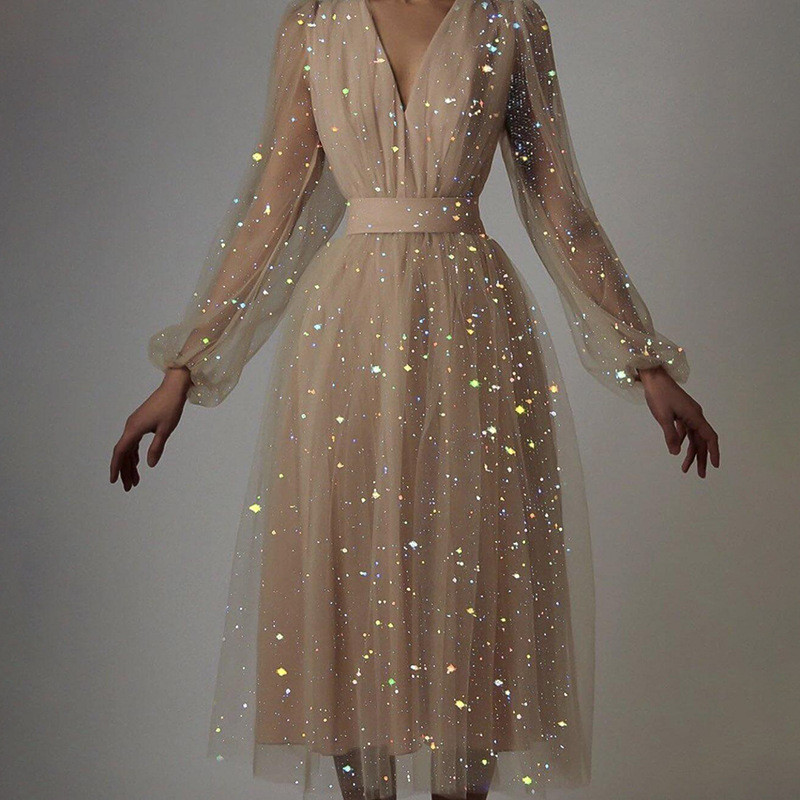 Long sleeve Sparkly Mesh V-neck Dress