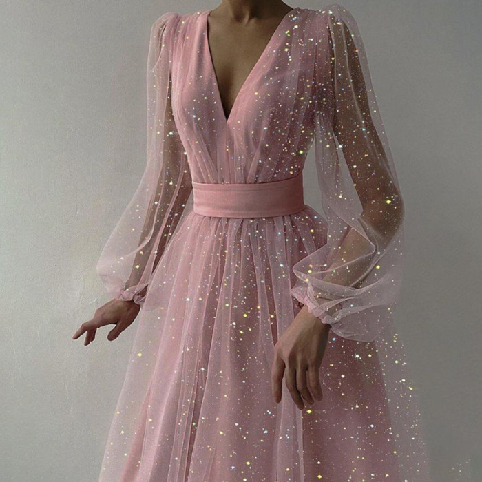 Long sleeve Sparkly Mesh V-neck Dress