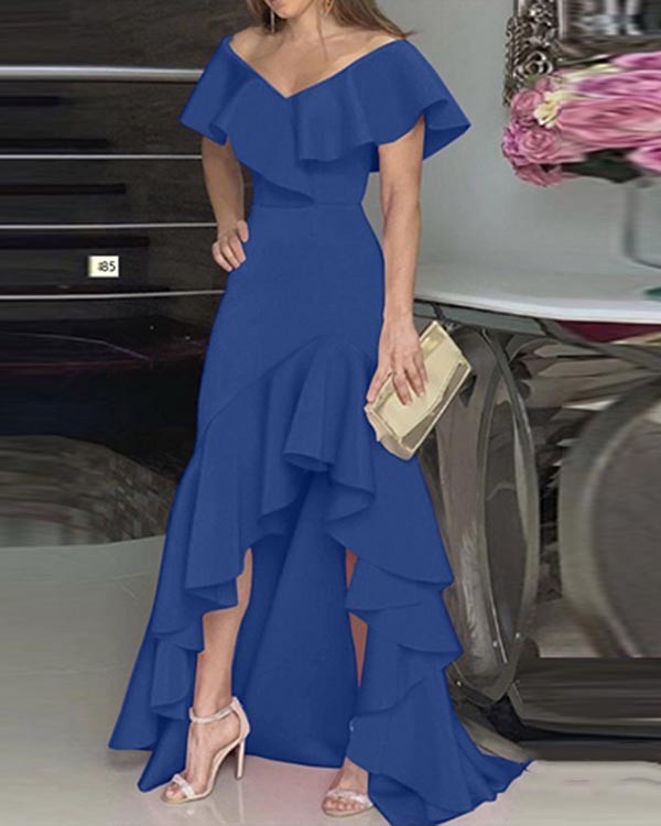 Elegant Solid Buttons Flounce V Neck Irregular Dress Dresses